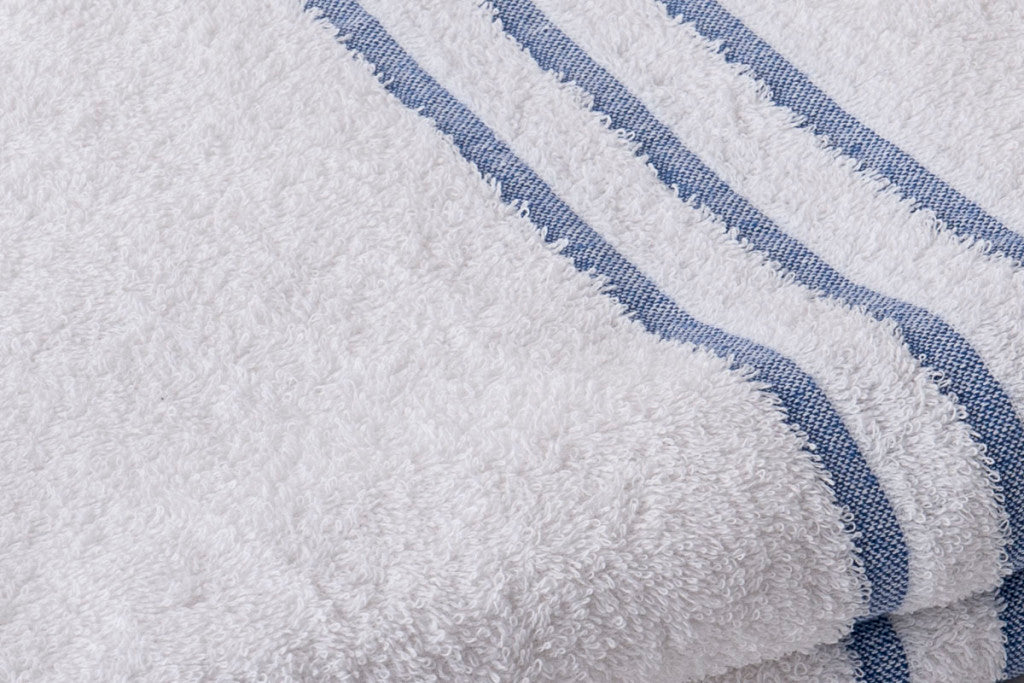 100% Cotton White Spa Leisure Towels With a Blue Stiped Border image 1