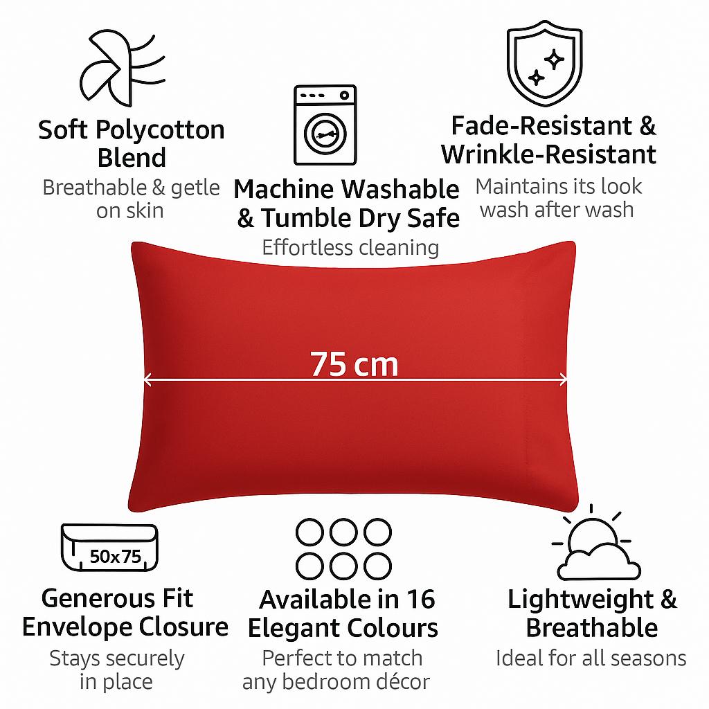 Hotel Quality Soft & Durable Pillowcase Covers – Pack of 2 – Available in 15 Colours